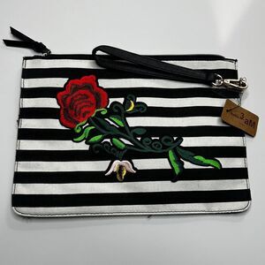 Hello 3 A.M. Black/White Striped Embroidered Rose Wrist Purse NWT